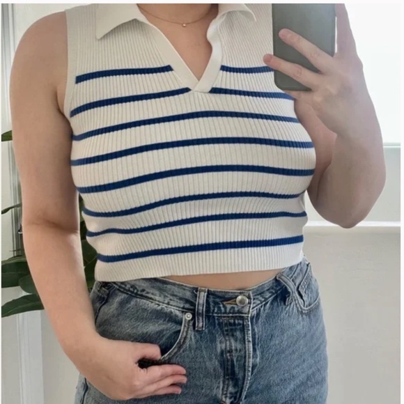 Rib-Knit Crop Polo Hipster Preppy Collared Sailor Ocean Vaca Classy Sweater Top - Picture 1 of 10